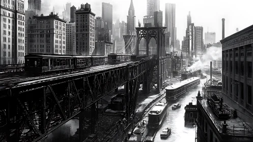 Noir industrial metropolis layers elevated rail and canal traffic