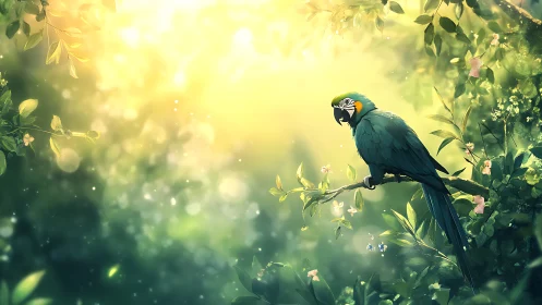 Sunlit jungle perch with a quietly curious teal parrot.