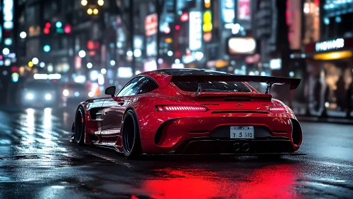 Red supercar cuts neon city rain with razor aero lines.