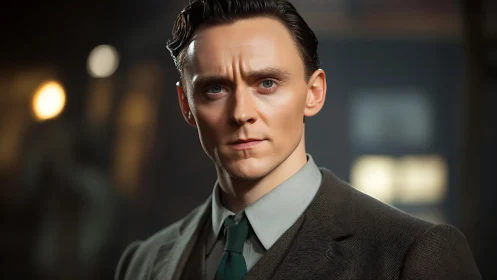 Stoic man in suit under soft cinematic portrait lighting.