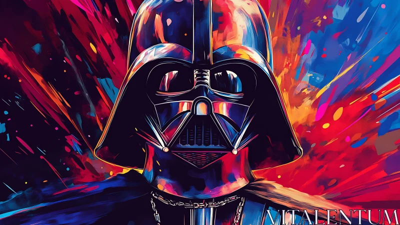 Helmeted dark figure in neon explosive digital portrait.