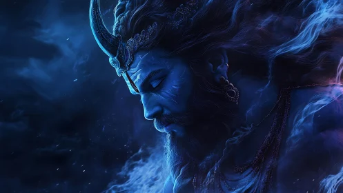 Blue-toned profile of horned male figure in smoke.