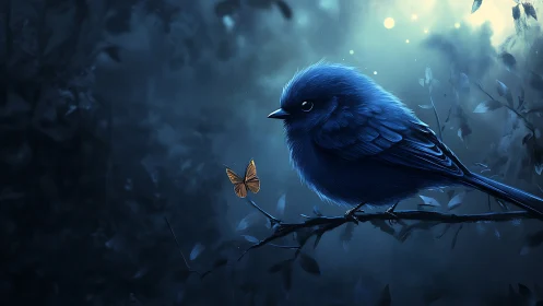 A Serene Blue Bird Finds Wonder in a Golden Butterfly