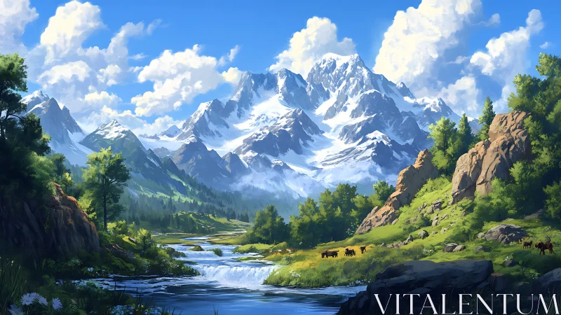 Peaceful mountain valley with bright river and grazing horses.