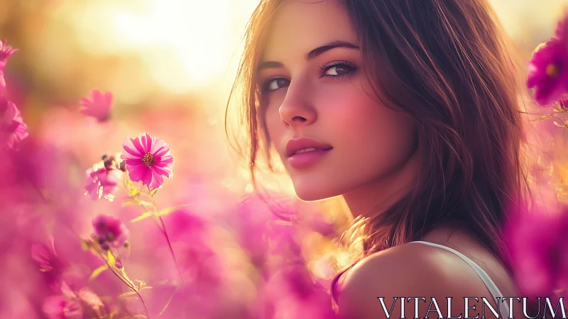 Woman stands in pink flower field under warm backlight glow