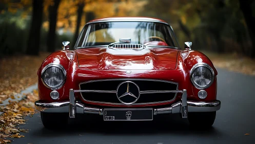 Crimson classic Mercedes glowing on a quiet autumn road.