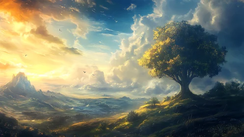 Solitary hilltree keeps watch where sunrise meets storm