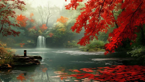 Red maple trees frame misty waterfall and reflective pond