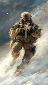 Armored infantry operator advancing through dynamic snowy battlefield
