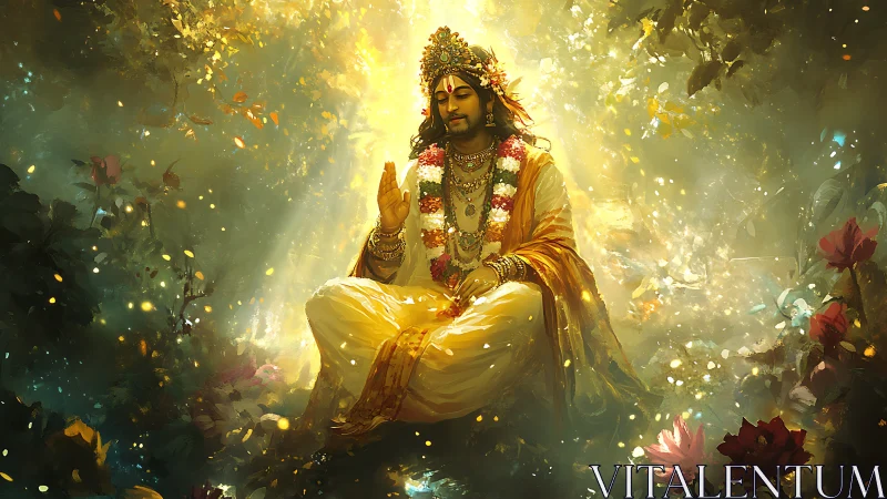 Golden mystic sits in radiant forest, blessing drifting light