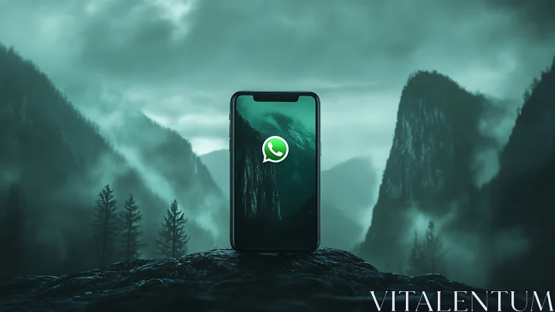 WhatsApp beacon glows in mist-wrapped emerald mountainscape.