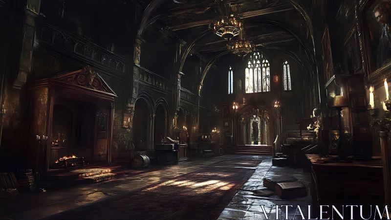 Gothic great hall interior with candlelit arches and firelight.