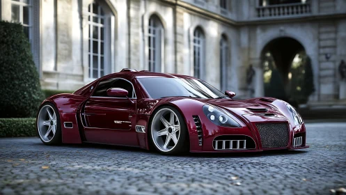 Low-slung crimson supercar renders precision against neoclassical façade
