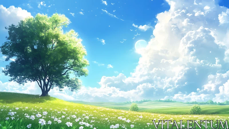 Luminous meadow landscape with volumetric clouds and lone tree