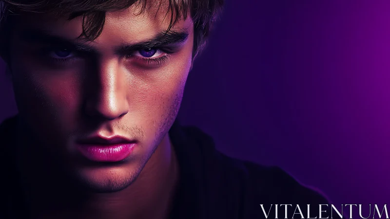 Intense male portrait in bold purple studio lighting.