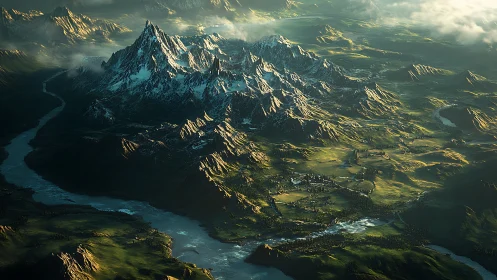 Snowlit fantasy range dominates winding river valley vista.