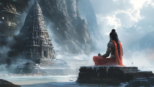 Meditating figure faces carved mountain temple in misty valley