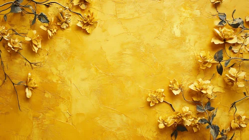 Golden Floral Texture Wall with Dimensional Flower Branches.