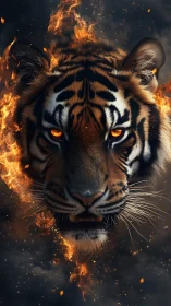 Tiger head framed by flames on dark atmospheric background.