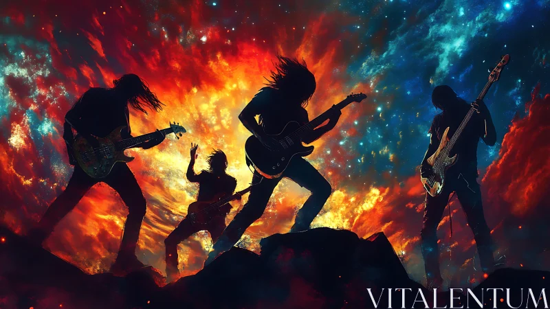 Silhouetted rock band against nebula-like cosmic backdrop.