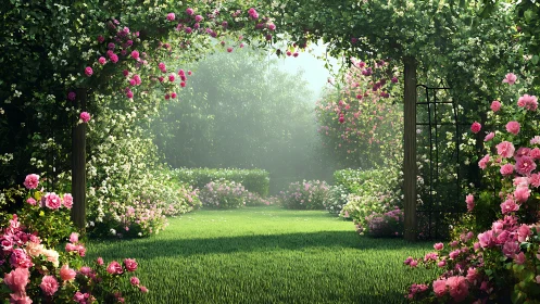Soft morning light welcomes you into a rose covered garden haven