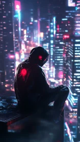Hooded figure sits on ledge above dense neon cityscape at night