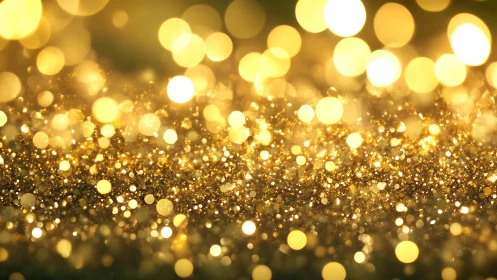 Golden glitter surface with soft bokeh light circles.