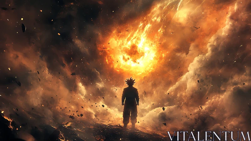 Warrior silhouette faces cosmic firestorm of collapsing sun.