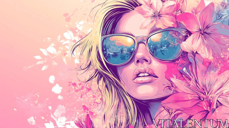 Neon summer muse in mirrored shades and blooming petals.
