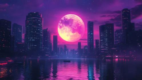 Neon city skyline under vivid pink full moon at night.
