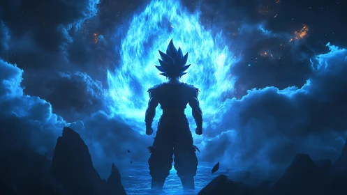 Silhouetted fighter stands before concentrated blue energy field