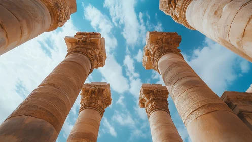 Ancient stone columns rise dramatically toward vivid sky.