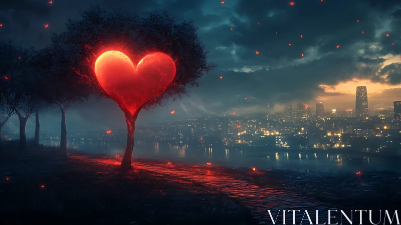 Glowing Heart Tree Overlooking Neon City.