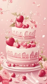 Delicate Pink Celebration Cake with Fresh Strawberries and Roses.