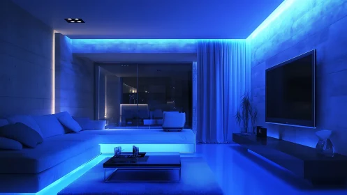 Modern blue-lit living room glows with ambient LED lighting.