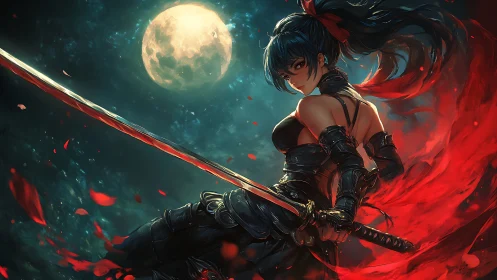 Moonlit swordswoman in black armor with red energy arc.