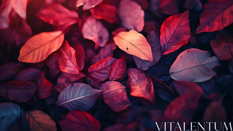 Shallow-depth macro study isolates red autumn leaves in moody light