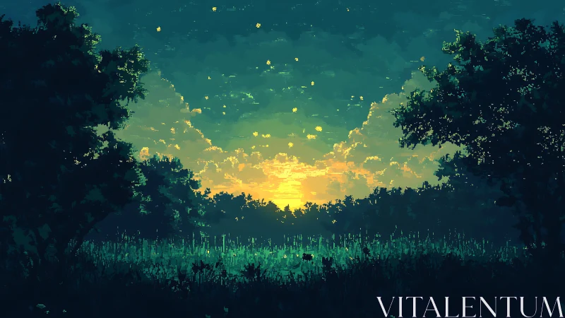 Golden sunset glows through tranquil pixel forest clearing