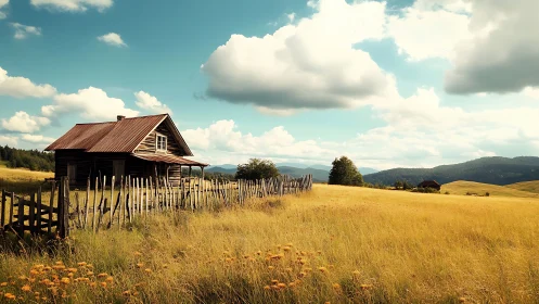 Rustic wooden cabin rests in wide golden summer meadow.