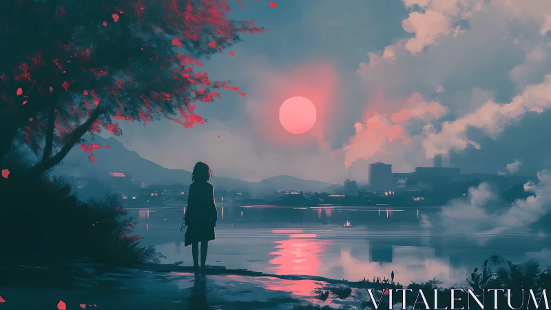 Backlit silhouette observes neon-tinted sunset across lake