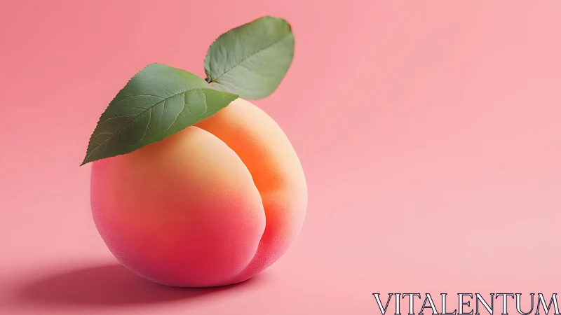Ripe peach with green leaves on pastel pink background, minimal style.