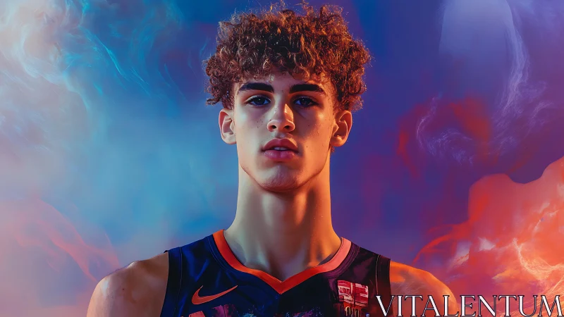Young basketball player stands confident amid neon clouds