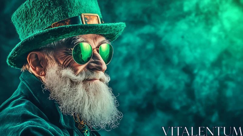 Emerald-clad elder in reflective glasses and tall felt hat.