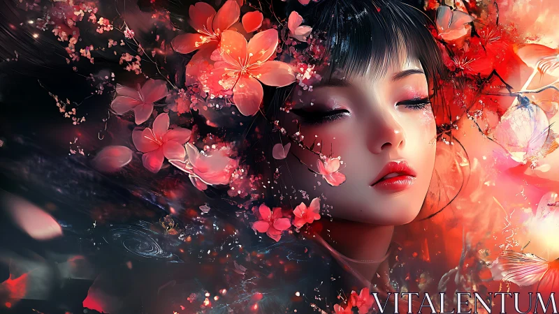 Dreaming among cherry blossoms in a soft crimson glow.