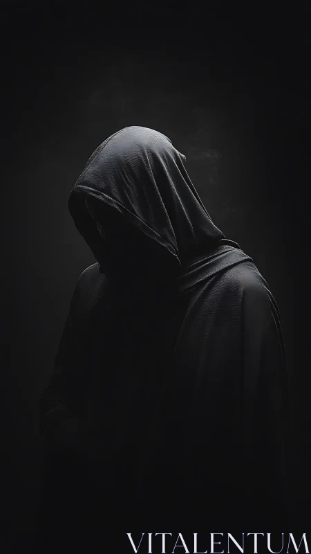 Low key portrait of hooded cloaked figure in deep chiaroscuro