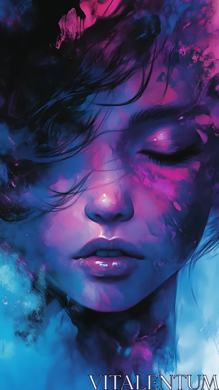 Digital close-up portrait with neon blue and magenta tones.