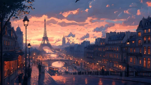 Golden Paris evening with glowing streets and soft skies.