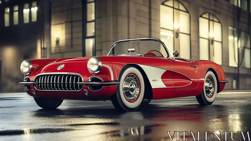 Red vintage convertible coupe on wet city street at night.