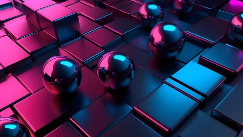Chromatic metallic spheres on tessellated neon extrusion grid.