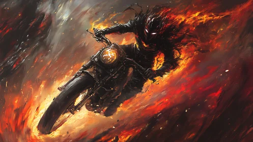 Fiery demon rider charging forward on burning motorcycle.